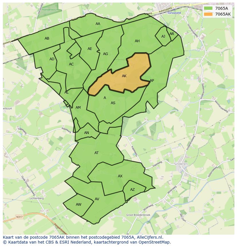 Afbeelding van het postcodegebied 7065 AK op de kaart.