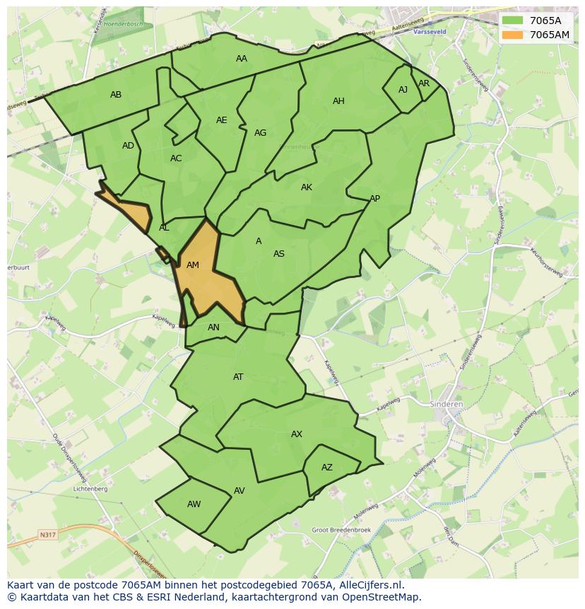 Afbeelding van het postcodegebied 7065 AM op de kaart.