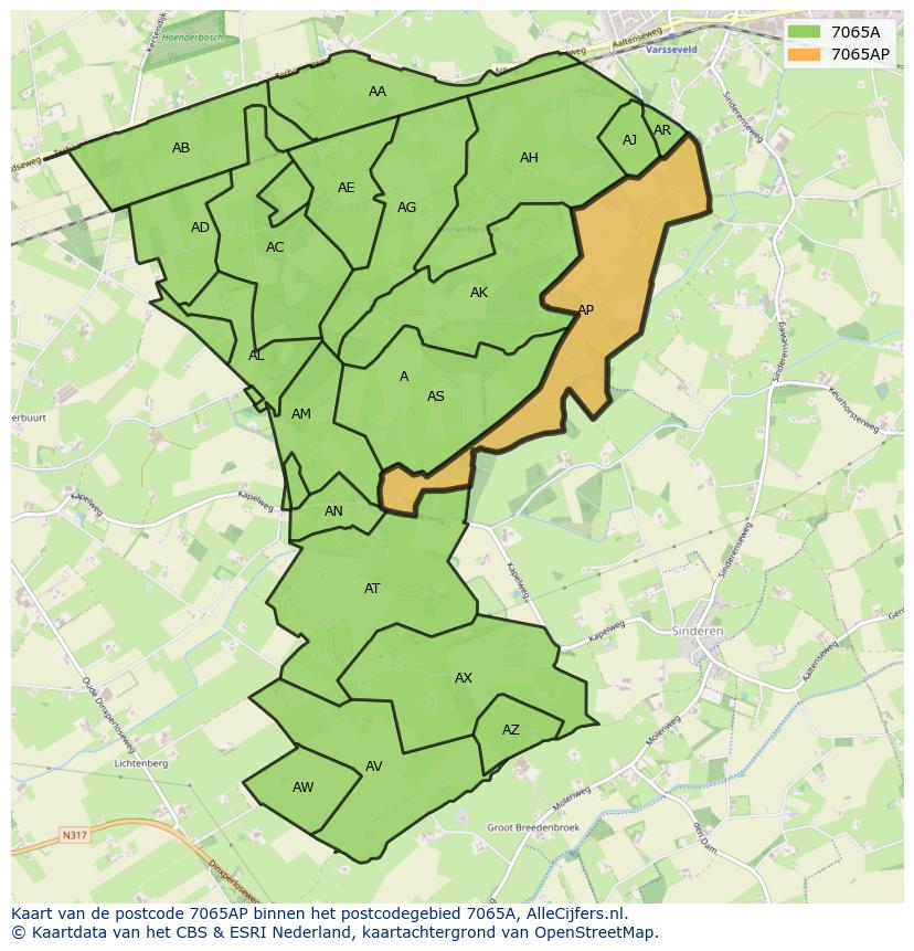 Afbeelding van het postcodegebied 7065 AP op de kaart.