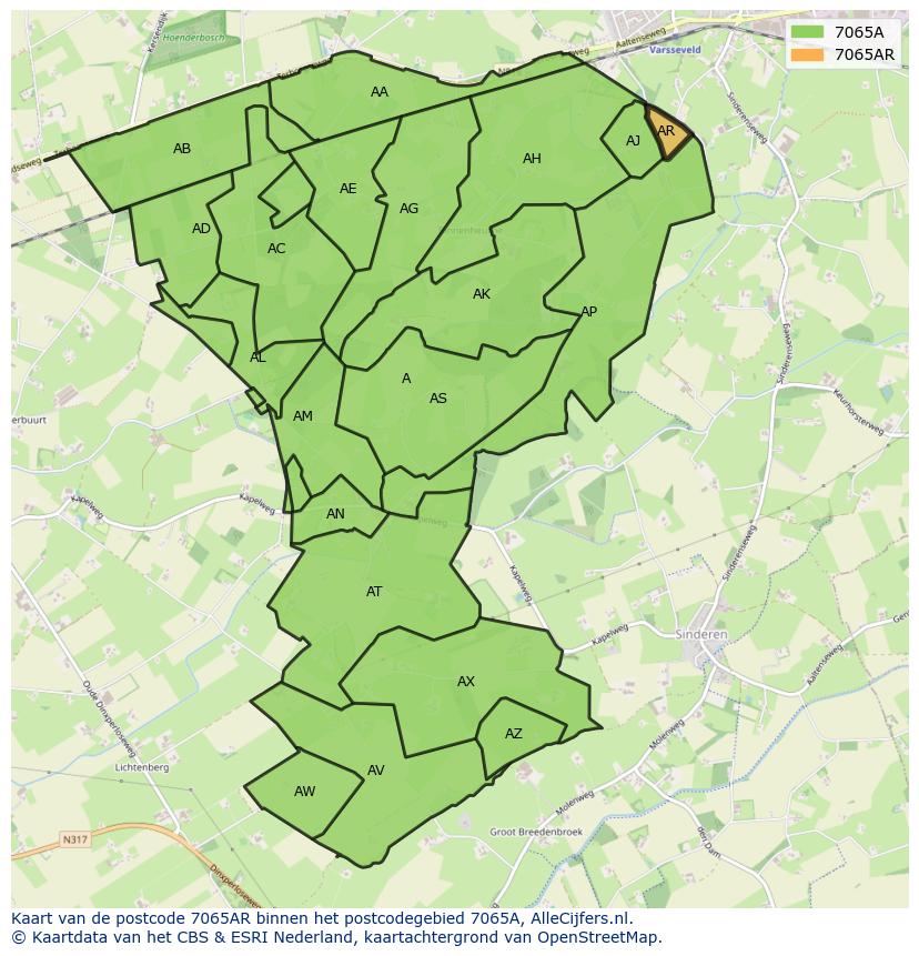 Afbeelding van het postcodegebied 7065 AR op de kaart.