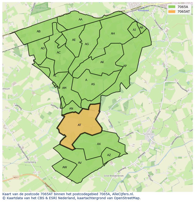 Afbeelding van het postcodegebied 7065 AT op de kaart.
