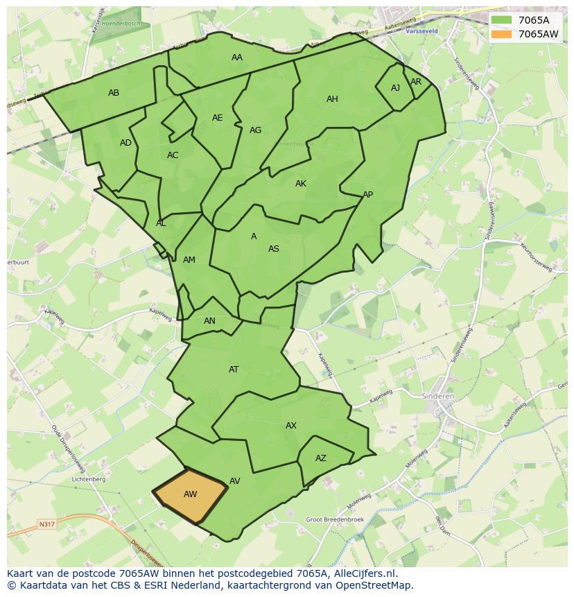 Afbeelding van het postcodegebied 7065 AW op de kaart.