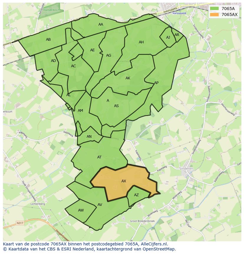 Afbeelding van het postcodegebied 7065 AX op de kaart.