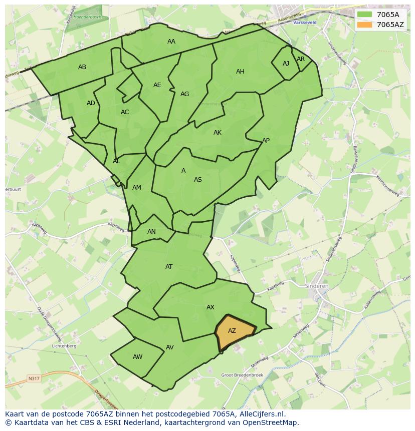 Afbeelding van het postcodegebied 7065 AZ op de kaart.