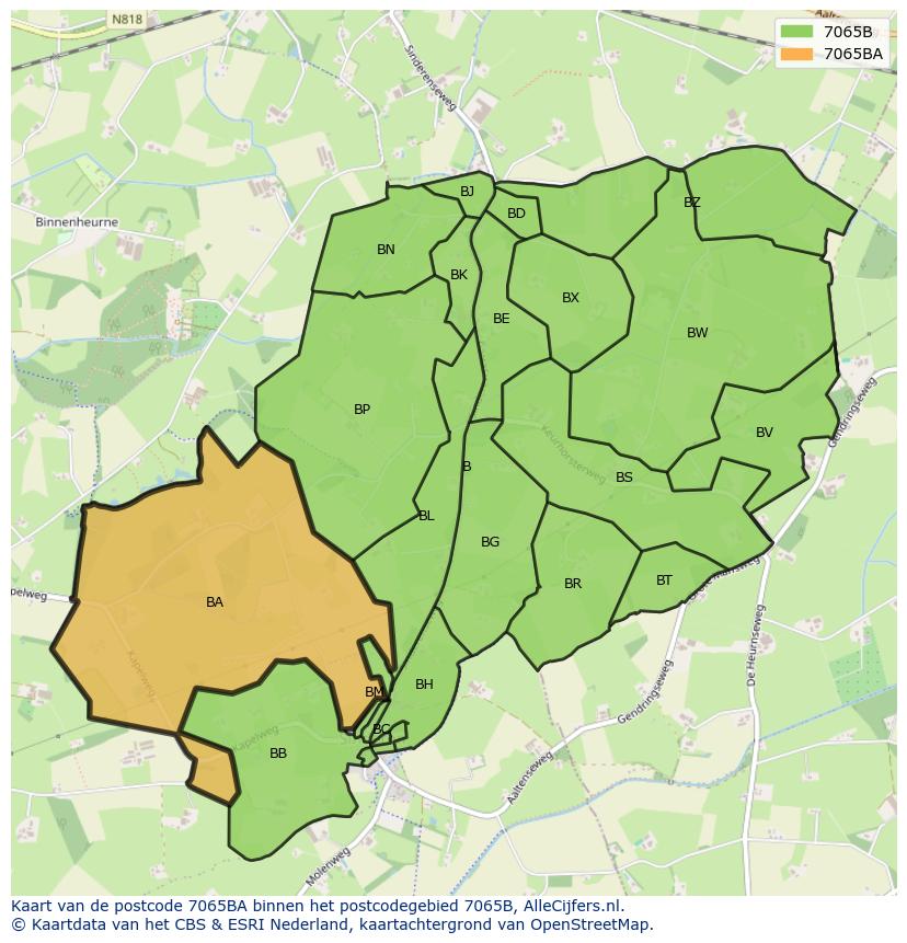 Afbeelding van het postcodegebied 7065 BA op de kaart.
