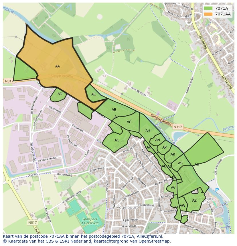 Afbeelding van het postcodegebied 7071 AA op de kaart.