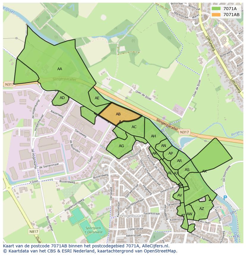 Afbeelding van het postcodegebied 7071 AB op de kaart.