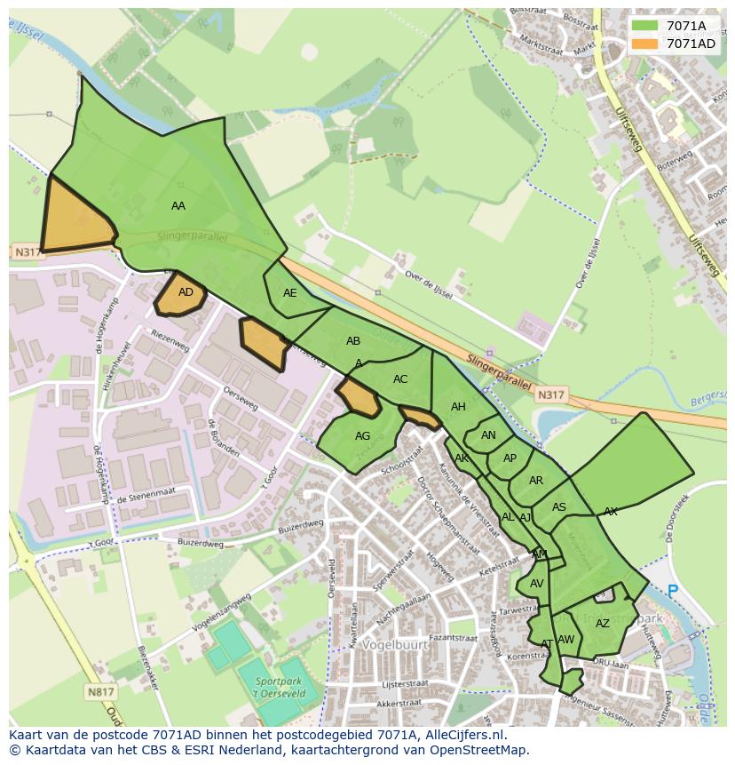 Afbeelding van het postcodegebied 7071 AD op de kaart.