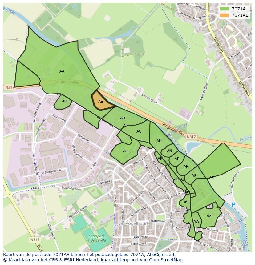 Afbeelding van het postcodegebied 7071 AE op de kaart.