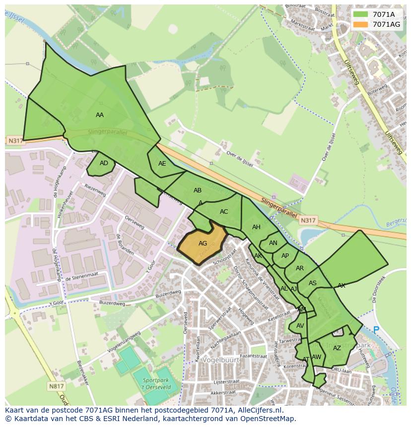 Afbeelding van het postcodegebied 7071 AG op de kaart.