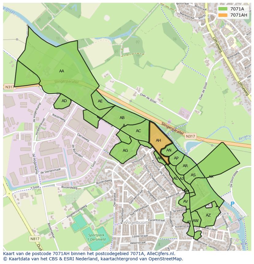 Afbeelding van het postcodegebied 7071 AH op de kaart.