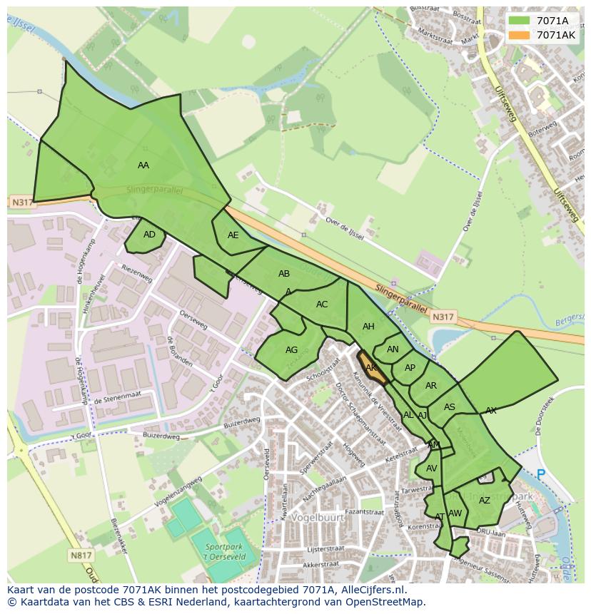 Afbeelding van het postcodegebied 7071 AK op de kaart.