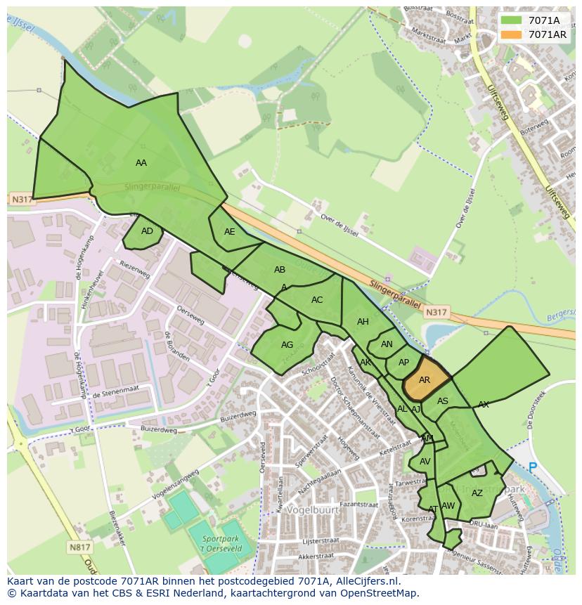 Afbeelding van het postcodegebied 7071 AR op de kaart.