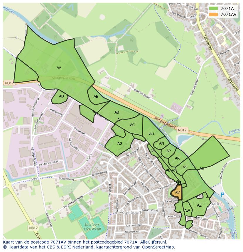 Afbeelding van het postcodegebied 7071 AV op de kaart.