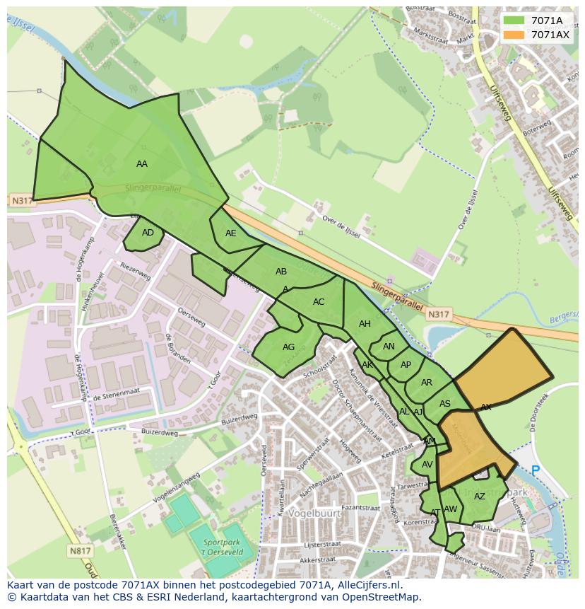 Afbeelding van het postcodegebied 7071 AX op de kaart.