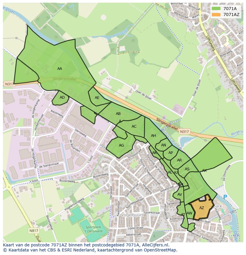 Afbeelding van het postcodegebied 7071 AZ op de kaart.