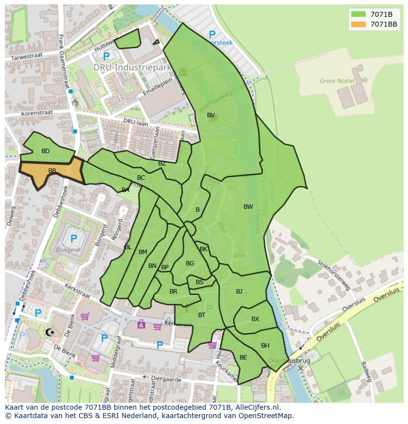 Afbeelding van het postcodegebied 7071 BB op de kaart.