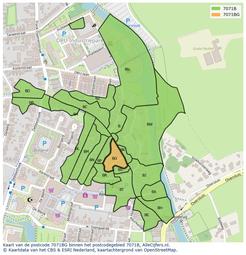 Afbeelding van het postcodegebied 7071 BG op de kaart.