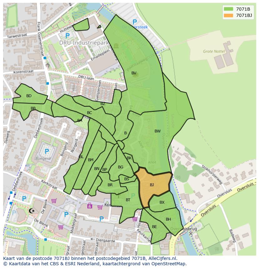 Afbeelding van het postcodegebied 7071 BJ op de kaart.