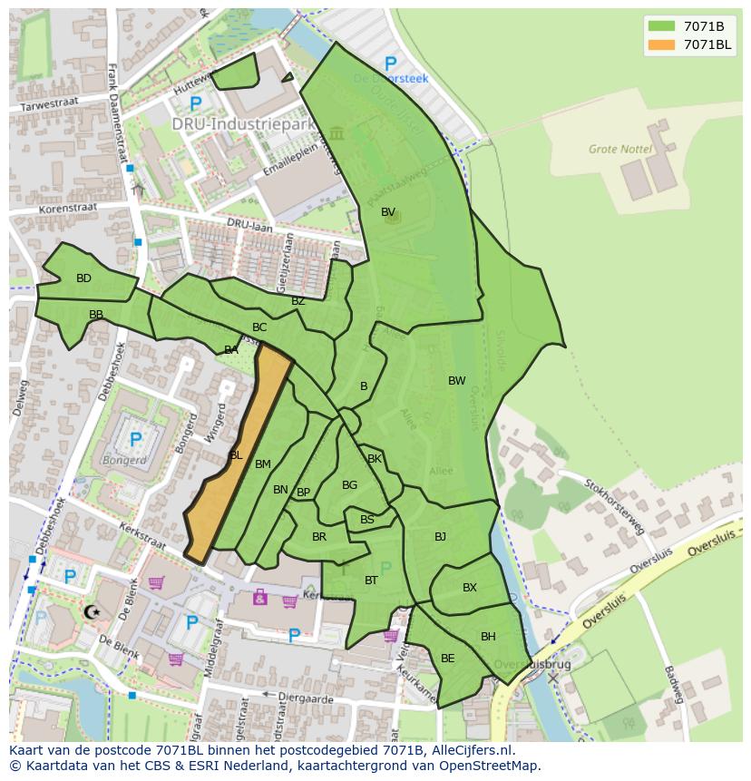 Afbeelding van het postcodegebied 7071 BL op de kaart.