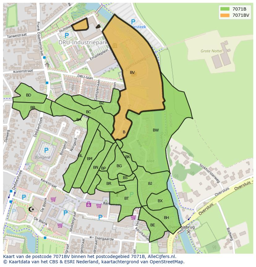 Afbeelding van het postcodegebied 7071 BV op de kaart.