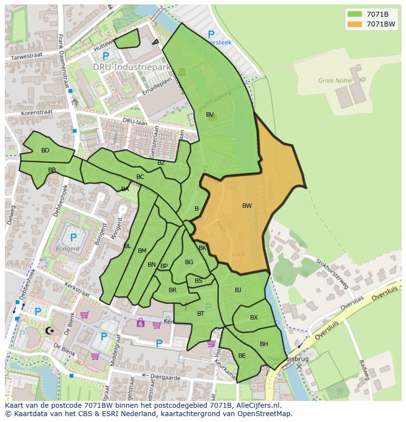 Afbeelding van het postcodegebied 7071 BW op de kaart.