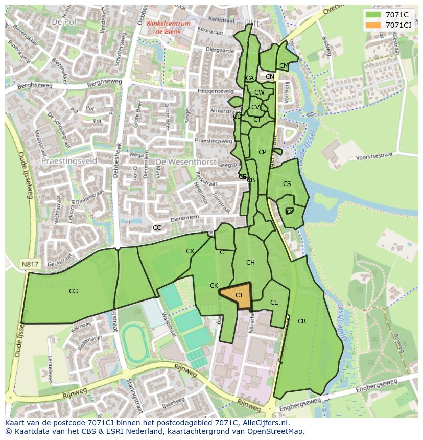 Afbeelding van het postcodegebied 7071 CJ op de kaart.