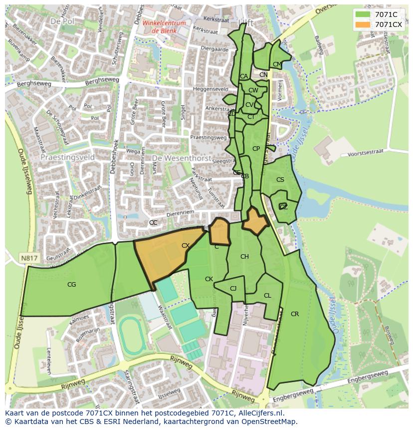 Afbeelding van het postcodegebied 7071 CX op de kaart.