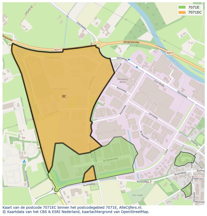 Afbeelding van het postcodegebied 7071 EC op de kaart.