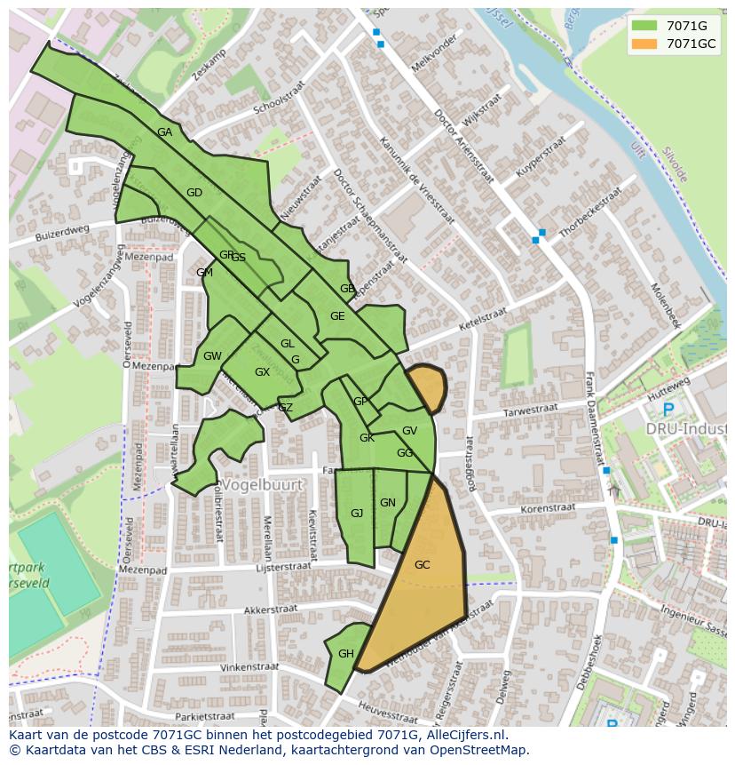 Afbeelding van het postcodegebied 7071 GC op de kaart.