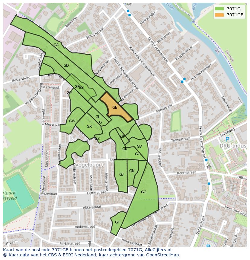 Afbeelding van het postcodegebied 7071 GE op de kaart.