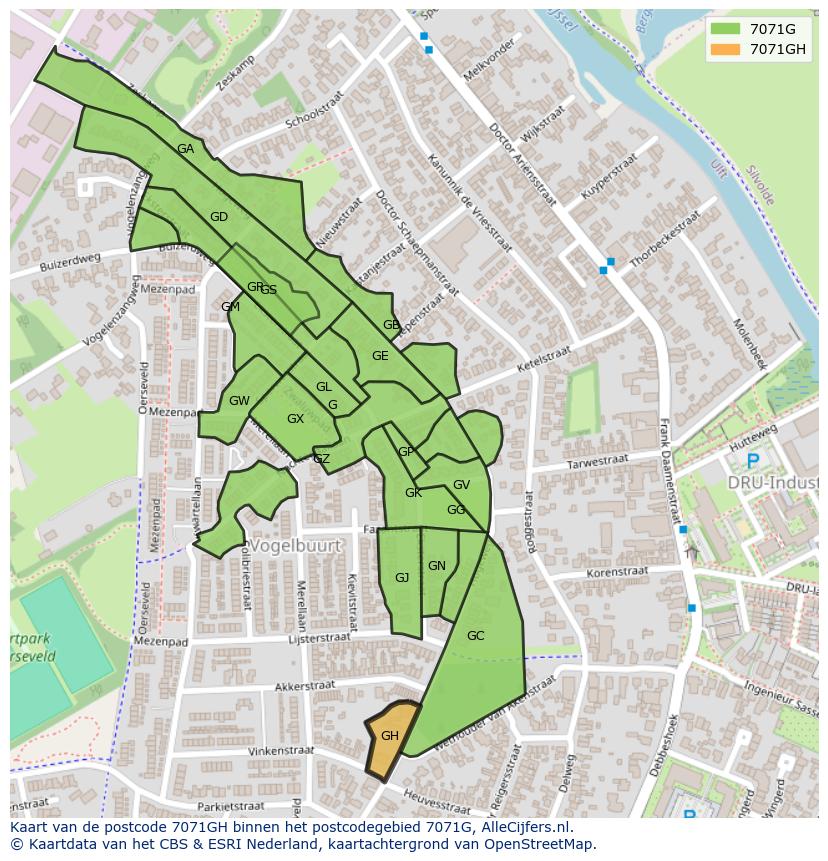 Afbeelding van het postcodegebied 7071 GH op de kaart.
