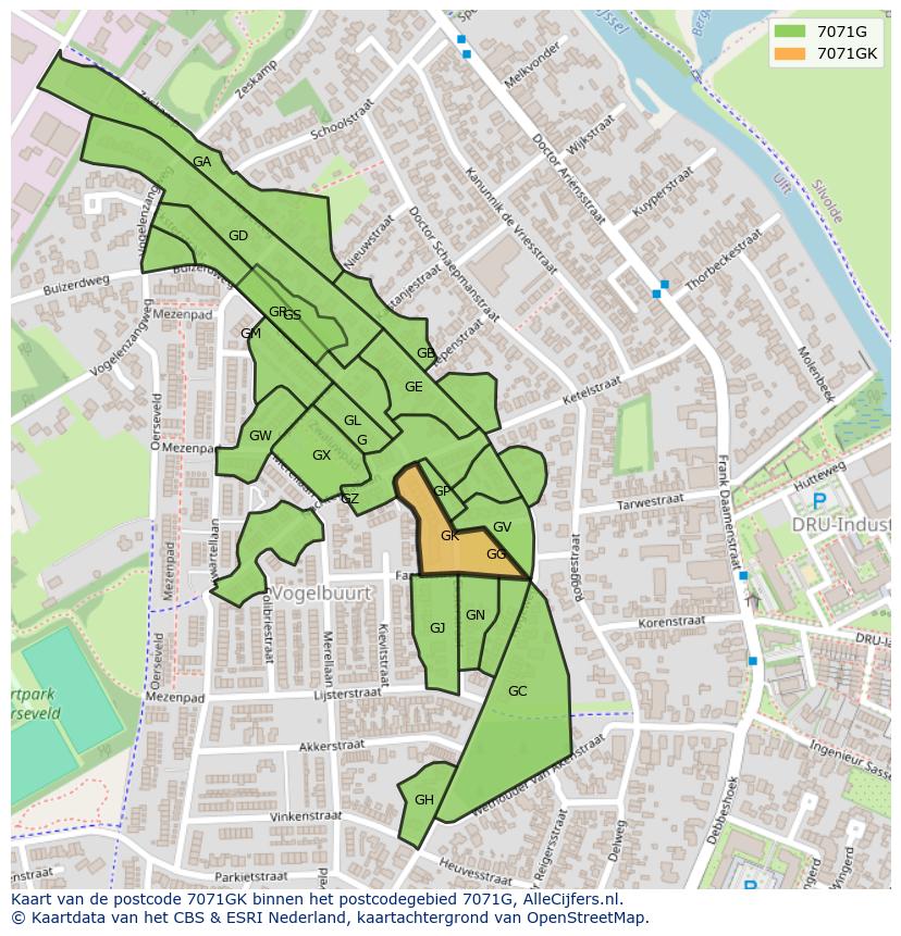 Afbeelding van het postcodegebied 7071 GK op de kaart.
