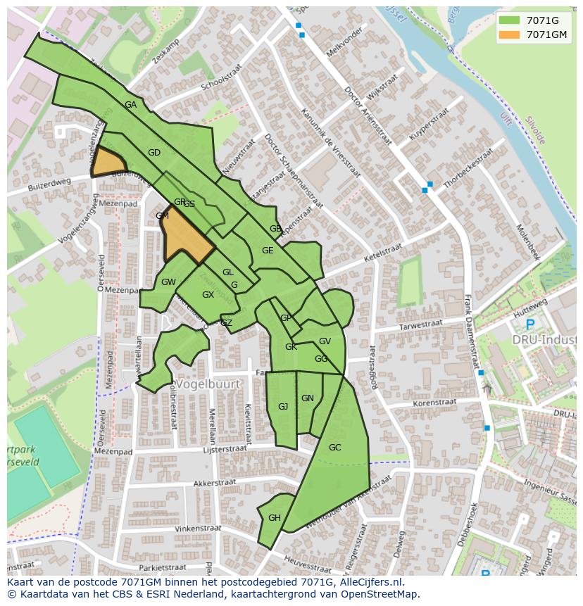 Afbeelding van het postcodegebied 7071 GM op de kaart.