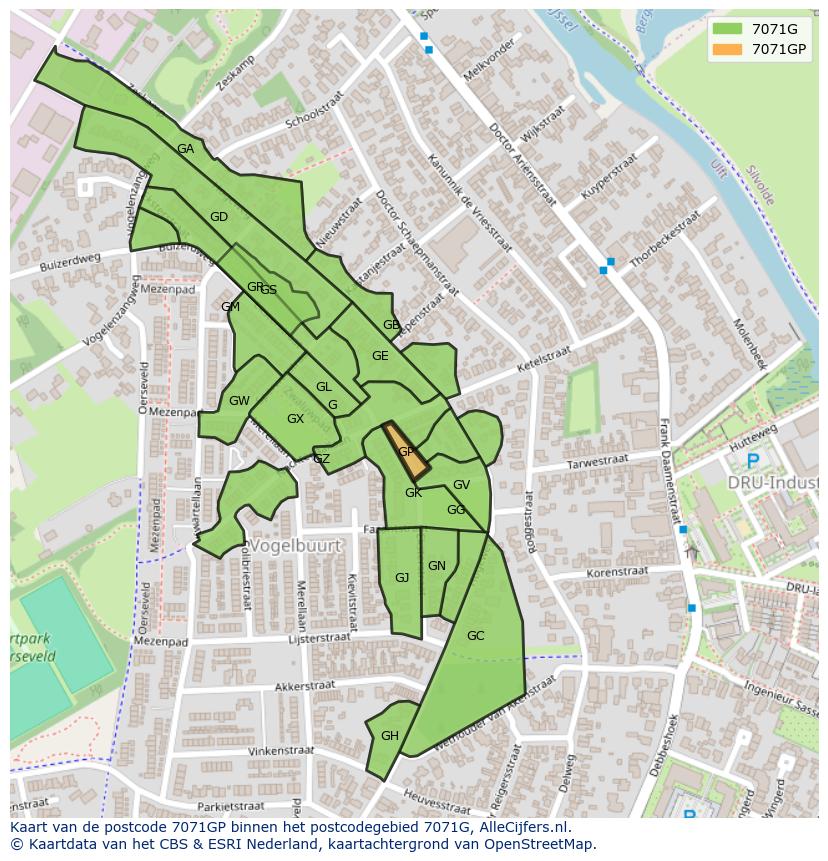 Afbeelding van het postcodegebied 7071 GP op de kaart.