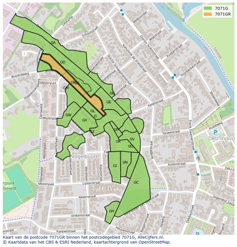 Afbeelding van het postcodegebied 7071 GR op de kaart.