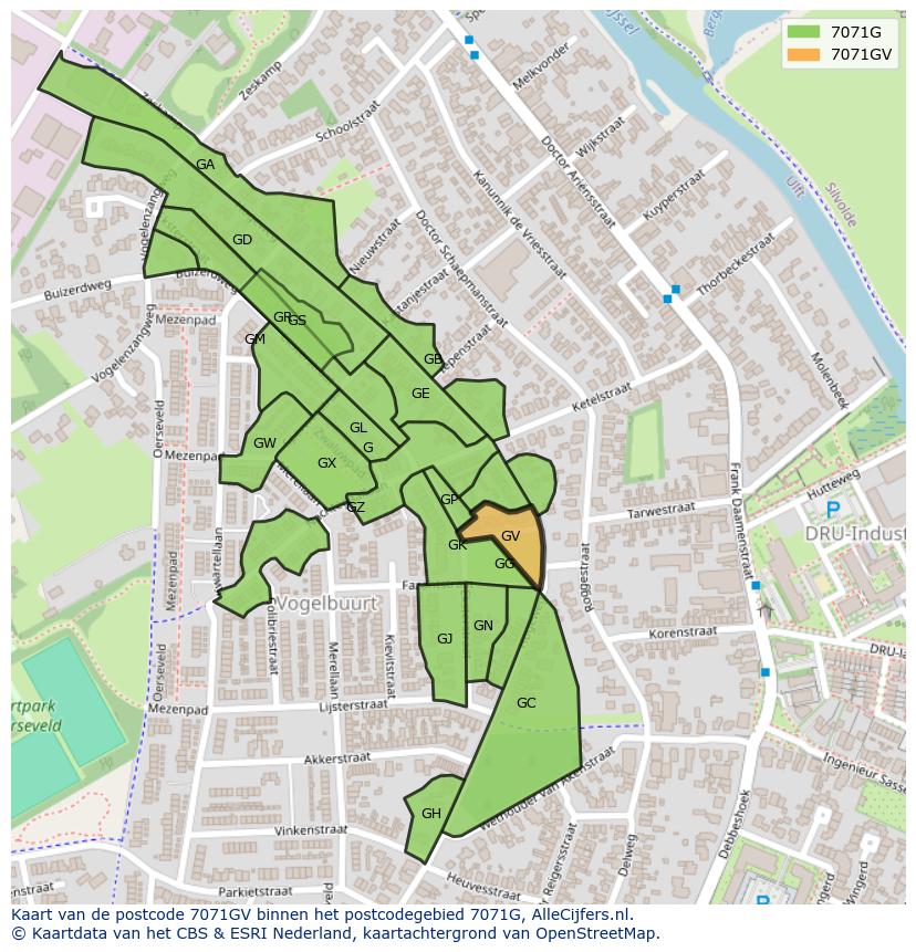 Afbeelding van het postcodegebied 7071 GV op de kaart.