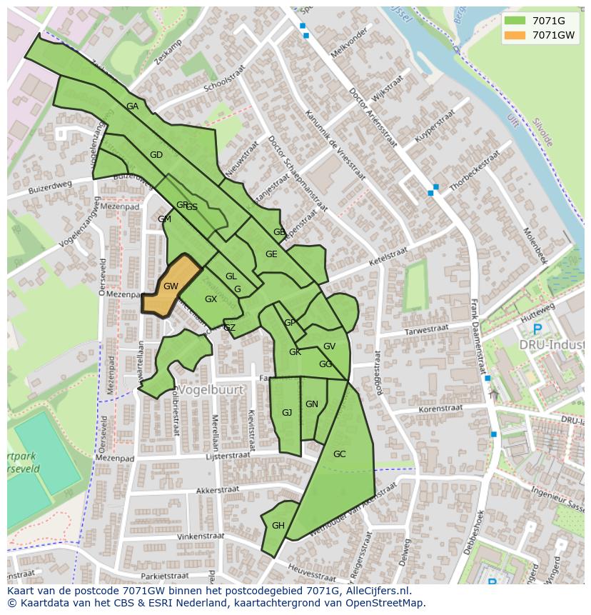 Afbeelding van het postcodegebied 7071 GW op de kaart.