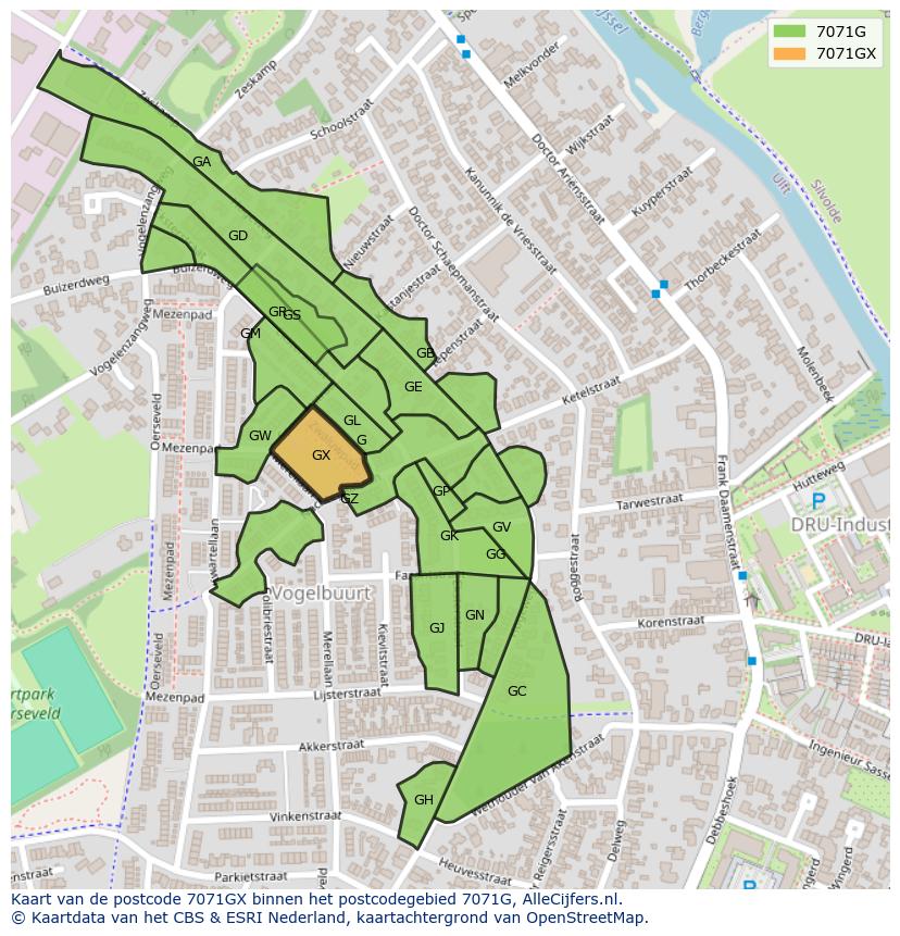 Afbeelding van het postcodegebied 7071 GX op de kaart.