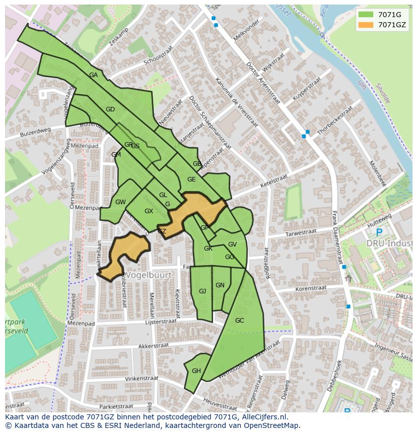 Afbeelding van het postcodegebied 7071 GZ op de kaart.
