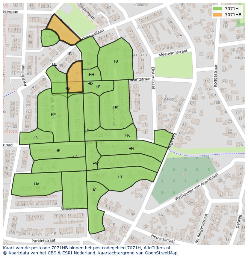 Afbeelding van het postcodegebied 7071 HB op de kaart.