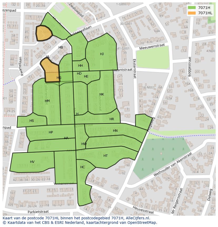 Afbeelding van het postcodegebied 7071 HL op de kaart.