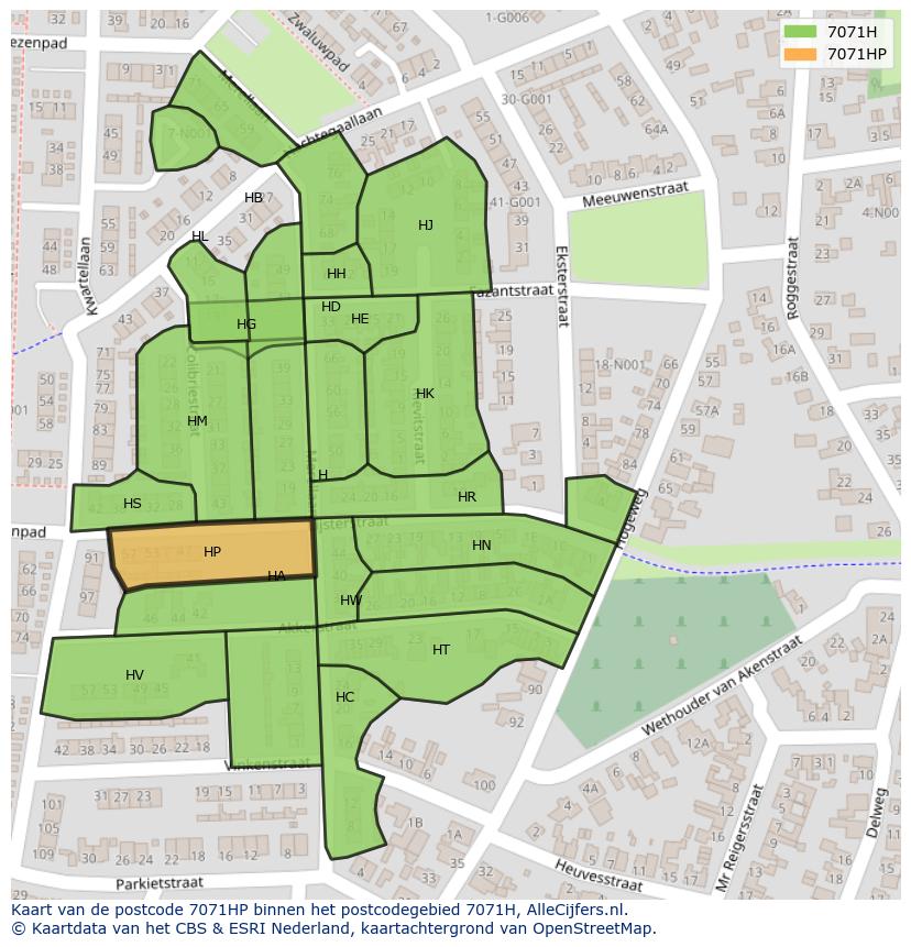 Afbeelding van het postcodegebied 7071 HP op de kaart.