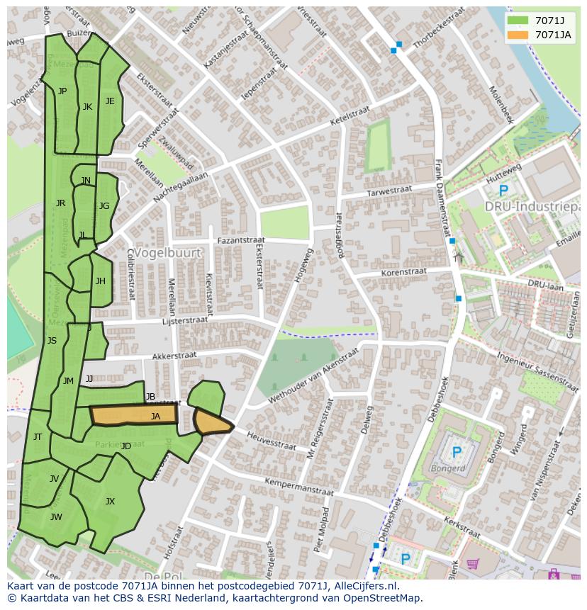 Afbeelding van het postcodegebied 7071 JA op de kaart.