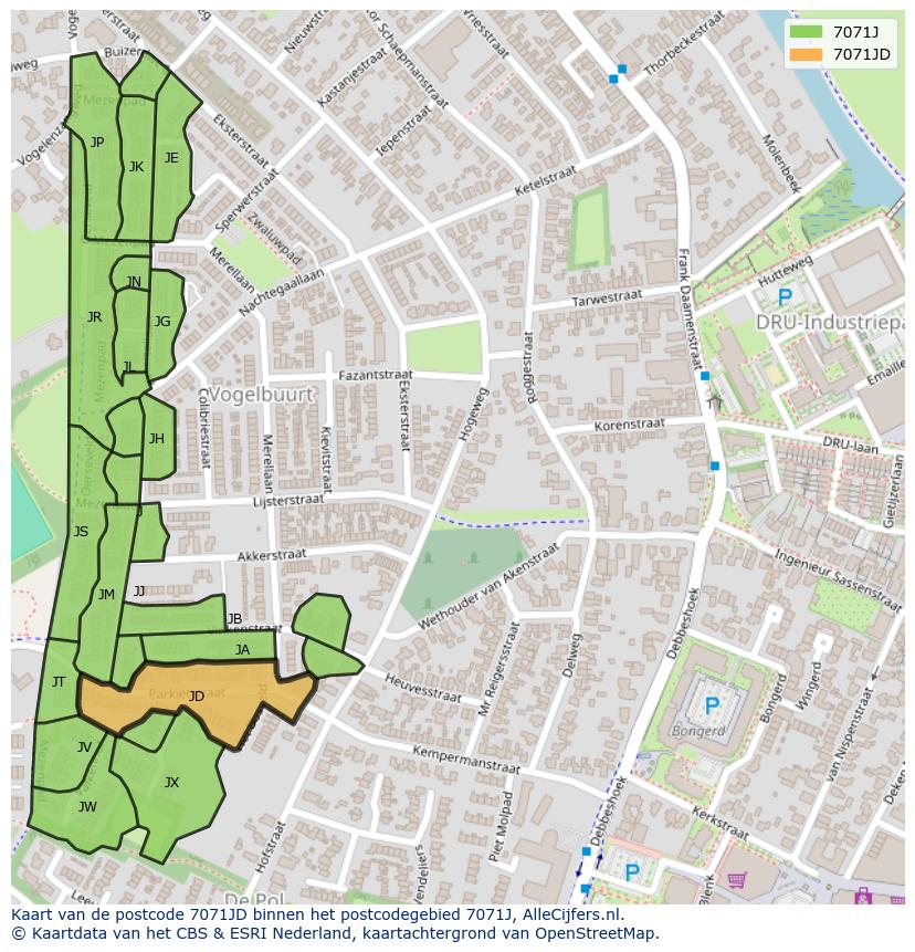 Afbeelding van het postcodegebied 7071 JD op de kaart.