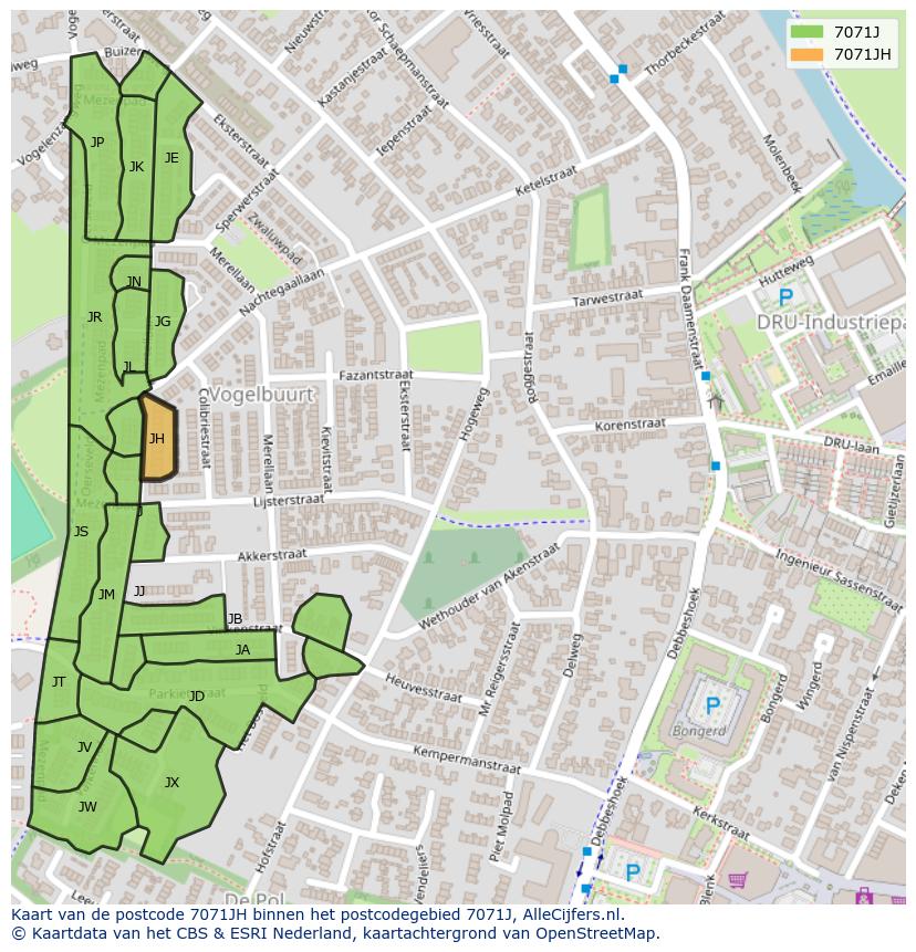 Afbeelding van het postcodegebied 7071 JH op de kaart.
