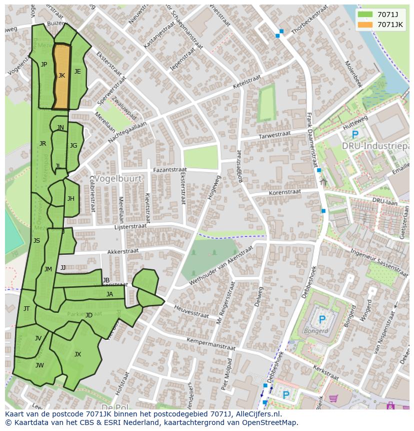 Afbeelding van het postcodegebied 7071 JK op de kaart.