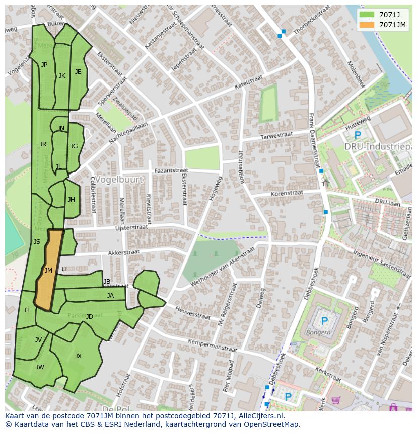Afbeelding van het postcodegebied 7071 JM op de kaart.