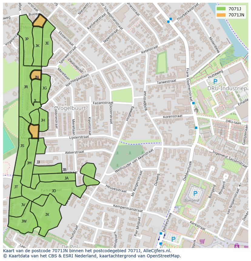 Afbeelding van het postcodegebied 7071 JN op de kaart.