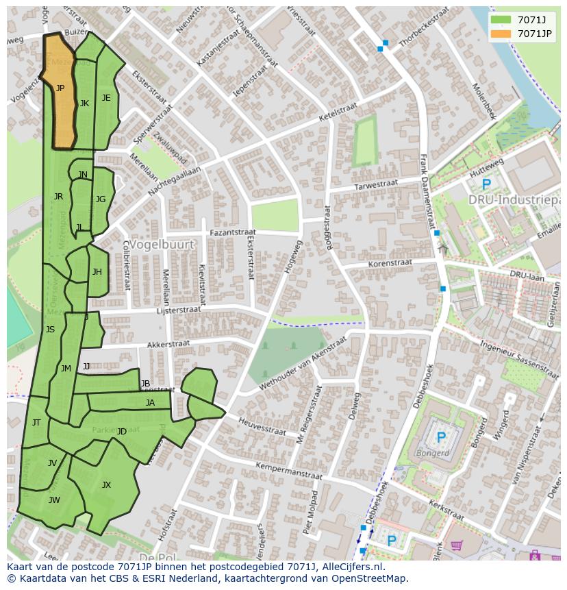 Afbeelding van het postcodegebied 7071 JP op de kaart.